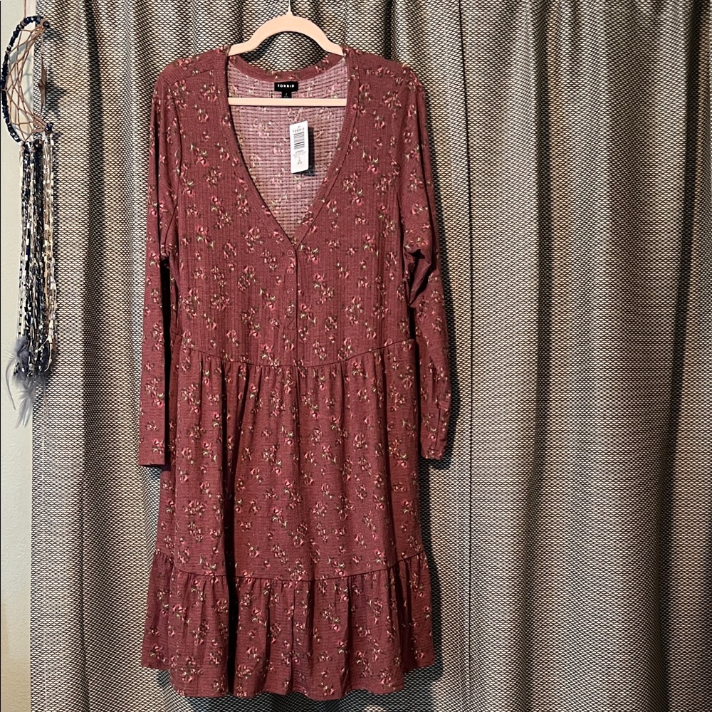 Torrid Burgundy Floral Long Sleeve Dress
